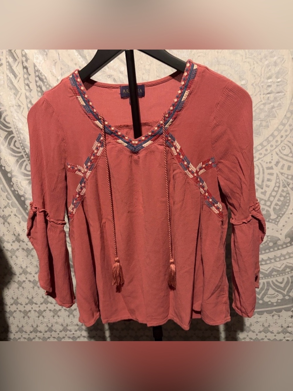 Artesia Rust Boho Embroidered Tassel Tunic | Medium